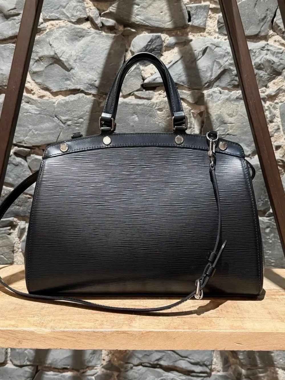 LOUIS VUITTON Black Structured Leather Top-Handle Bag with Detachable Strap